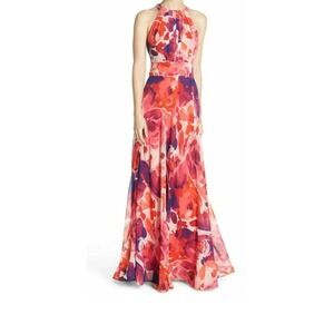 Eliza J Sleeveless Halter Neck Floral Print Chiffon A-line Pleated Maxi Dress 12